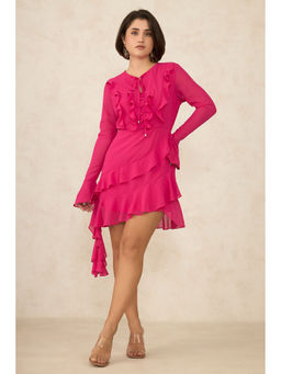 Virgio - Women Pink Polyester Solid V-Neck Dress