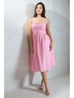 Virgio - Women Pink Cotton Solid Shoulder Straps Dress