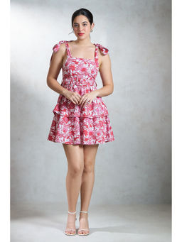 Virgio - Women Red Cotton Floral Square Neck Dress with Belt (Set of 2)