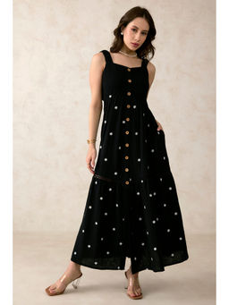 Virgio - Women Black Cotton Floral Square Neck Dress