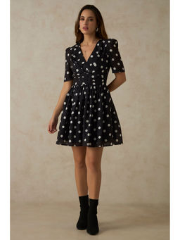 Virgio - Women Black Polyester Polka Dots V-Neck Dress