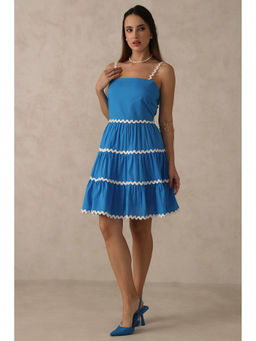 Virgio - Women Blue Cotton Solid Square Neck Dress