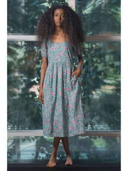 Virgio - Women Teal Cotton Floral Sweetheart Dress