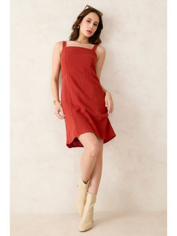 Virgio - Women Brown Cotton Textured Square Neck Dress