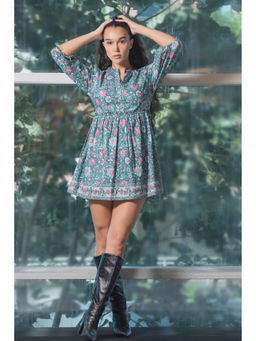 Virgio - Women Multi-Color Cotton Floral Mandarin Neck Dress