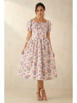 Virgio - Women Multi-Color Cotton Floral Square Neck Dress