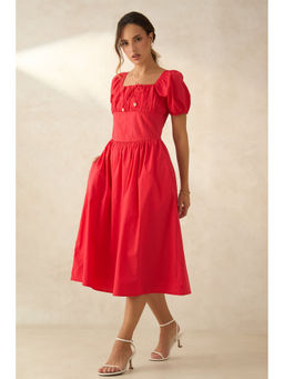 Virgio - Women Red Cotton Solid Square Neck Dress