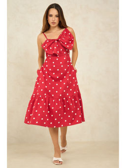 Virgio - Women Red Cotton Polka Dots Sweetheart Dress