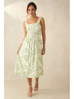 Virgio - Women Olive Cotton Printed Square Neck Dress