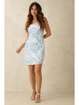 Virgio - Women Blue Cotton Printed Square Neck Dress