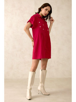Virgio - Women Red Cotton Embroidered Collar Neck Dress