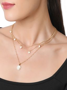Lilly & Sparkle - Gold Toned Two Layered Necklace With White Hearts And Hammered Coin Charm