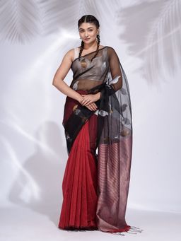 CHARUKRITI - Black and Red Blended Cotton Handwoven Saree with Zari Pallu with Unstitched Blouse
