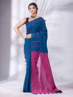 CHARUKRITI - Blue Pure Cotton Handwoven Soft Saree & Tassels Pallu with Unstitched Blouse
