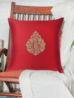 Zeba World - Red Motif Embroidered Polyester Cushion Cover (16 x 16 Inches)