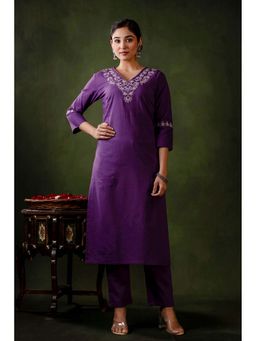 Mokshi - Purple Cotton Yoke Embroidered V-Neck Solid Kurta Set (Set of 2)