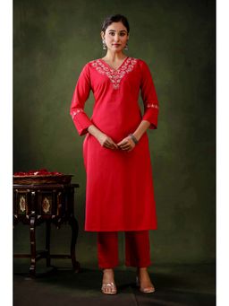 Mokshi - Red Cotton Yoke Embroidered V-Neck Solid Kurta Set (Set of 2)