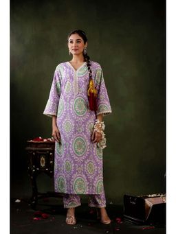 Mokshi - Purple Cotton V-Neck Printed Kurta Set (Set of 2)