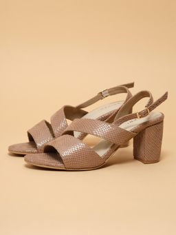 ERIDANI - Acacia Beige Textured Block Heels with Ankle Strap for Women