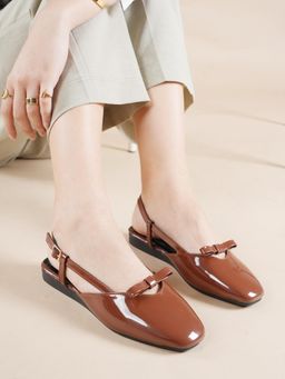 Drop Bold - Tan Square Toe Mary Jane Ballerinas With Backstrap For Women