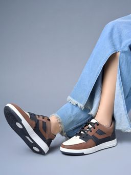 Shoetopia - Women Black Colorblock Low-Top Textured Casual Lace-Up Sneakers
