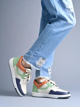 Shoetopia - Women Multi-Color Colorblock Low-Top Textured Casual Lace-Up Sneakers