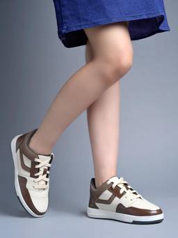Shoetopia - Women Brown Colorblock Low-Top Textured Casual Lace-Up Sneakers