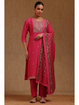Soch - Women Pink Chanderi Embroidered Kurta with Pant and Dupatta
