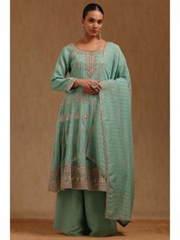 Soch - Women Blue Tissue Embroidered Anarkali Kurta with Palazzo and Dupatta