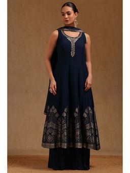 Soch - Women Navy Blue Russian Silk Zari Anarkali Kurta with Palazzo and Dupatta