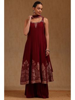 Soch - Women Maroon Russian Silk Zari Anarkali Kurta with Palazzo and Dupatta