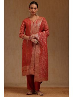 Soch - Women Rust Tissue Woven Designs Kurta with Pant and Dupatta