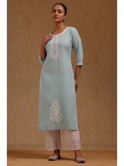 Soch - Women Blue Rayon Slub Embroidered Kurta