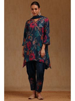 Soch - Women Teal Linen Ikat Kurta with Salwar Pant and Dupatta