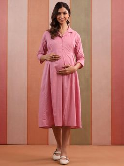 CRAFIQA - Soft Pink Solid Slub Maternity Nursing Dress