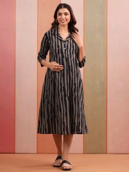 CRAFIQA - Black Stripes Cotton Maternity Nursing Dress