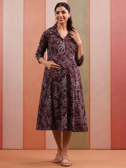 CRAFIQA - Purple Leaf Print Cotton Maternity Nursing Dress