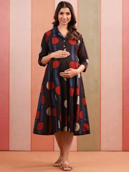 CRAFIQA - Black Geometric Ajrakh Cotton Maternity Nursing Dress