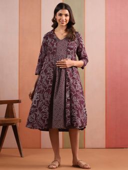 CRAFIQA - Purple Garden Print Cotton Maternity Nursing Dress with Shrug & Belt