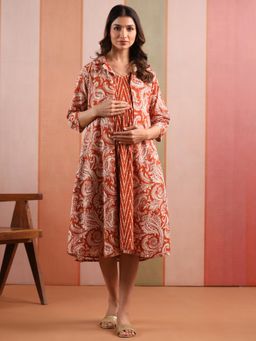 CRAFIQA - Orange Raga Cotton Maternity Nursing Dress with Shrug & Belt