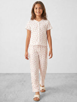 R&B - Girls Off White Printed Round Neck Short Sleeves Pure Cotton Shirt and Pyjamas