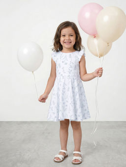 R&B - White Cotton Printed Girls Dress