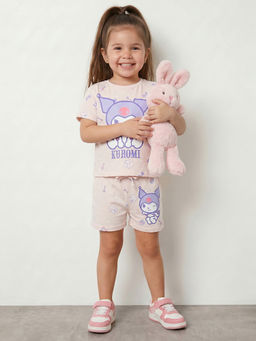 R&B - Pink Girls Printed Short Sleeves T-Shirt With Shorts