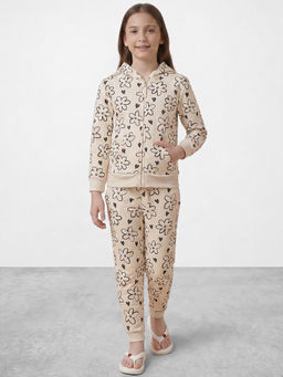 R&B - Girls Brown Printed Long Sleeves Hooded Neck Co-Ord Set