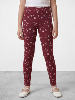 R&B - Girls Maroon Floral Printed Cotton Leggings