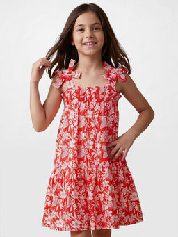 R&B - Red Cotton Printed Girls Dress