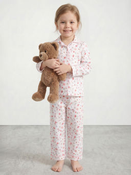 R&B - Girls White Printed Shirt Collar Long Sleeves Pure Cotton Co-Ord Set