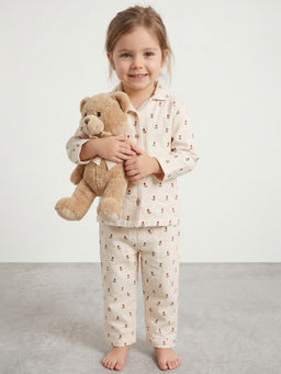 R&B - Girls Beige Printed Shirt Collar Long Sleeves Pure Cotton Co-Ord Set