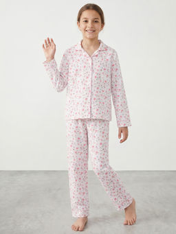 R&B - Girls White Printed Shirt Collar Long Sleeves Pure Cotton Shirt And Pyjamas