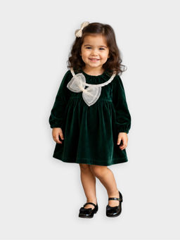 Mi Arcus - Solid Velvet Bow Design Full Sleeves Frock- Green